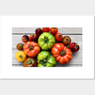 Colorful Striped Odd Tomatoes Medley on Weathered Table Posters and Art